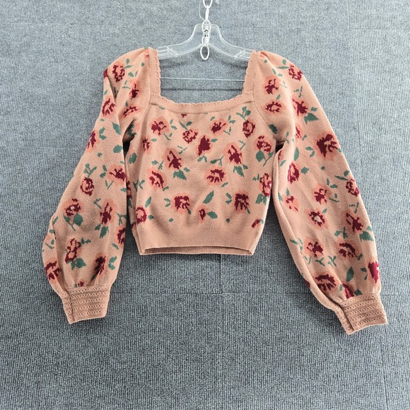 Willow And Wind Sweaters - Willow & Wind Pink Floral Rose Knit Crop Sweater Top Women's M